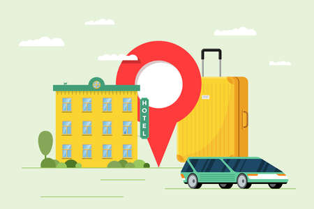 Hotel booking and car sharing service for vacation tourism concept. Travel apartment and transport reservation. Motel building with baggage suitcase and location pin vector illustrationのイラスト素材