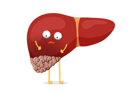 Sick unhealthy cartoon liver character suffers from cancer and suffering pain. Human exocrine gland organ tumor destruction concept. Vector mascot illustrationのイラスト素材