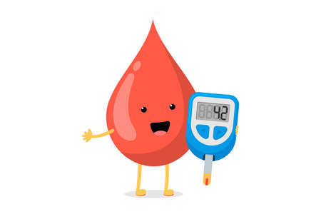 Cute cartoon smiling blood drop character with glucometer. Diabetic glucose measuring device with normal sugar level. Vector flat illustrationのイラスト素材