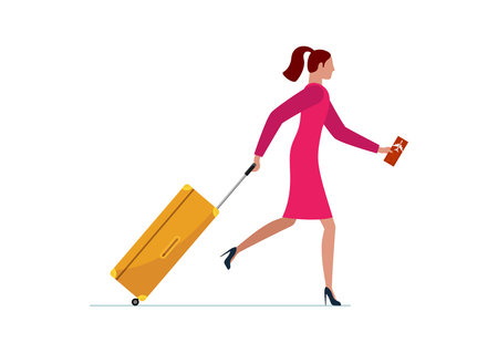 Young woman running with suitcase and flight ticket. Female in dress with luggage bag hurrying boarding to plane or missing flight. Tourist traveling concept vector illustrationのイラスト素材