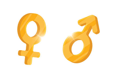 Heterosexual gender symbol mars and venus gold icons. Male and female vector sign. Isolated man and woman sex bright pictogram illustrationのイラスト素材