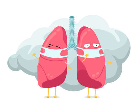 Cartoon lungs character with breathing hygiene mask on face and smoke or dust cloud. Human respiratory system lung internal organ mascot. Medical anatomy air pollution protection vector illusrtationのイラスト素材