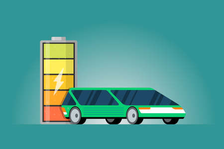 High electric power battery charged energy indicator with lightning icon and green electric car. Modern e-vehicle technology and eco transport technology concept. Vector full accumulator illustrationのイラスト素材