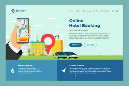 Hotel online booking service for vacation tourism landing page template. Travel apartment transport reservation web design. Motel suitcase and location pin and hand holding smartphone eps illustrationのイラスト素材