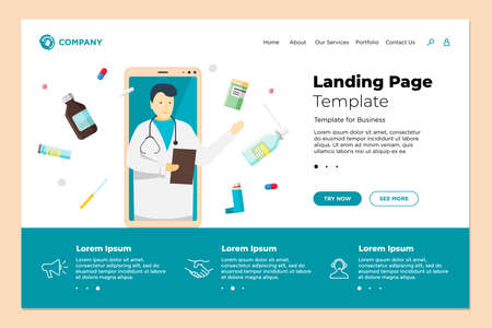Health care online website landing page design template. Medical internet assistance. Male doctor consultant and medicine pills tablets drugs. Consulting pharmacy service vector eps illustrationのイラスト素材