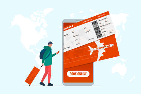 Online flight booking service concept. Young man with suitcase luggage book airplane travel on smartphone. Plane ticket reservation and pay mobile app on world map vector illustrationのイラスト素材