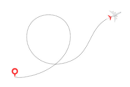 Airplane dotted line path of air plane flight route with start location point and dash line trace...
