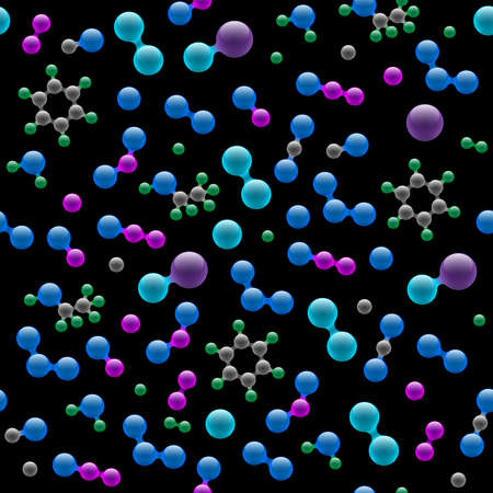 Chemistry atomic molecular 3d structure seamless pattern. Abstract design concept for science biotechnology chemical industry. Vector atoms and molecules texture on black background eps illustrationのイラスト素材