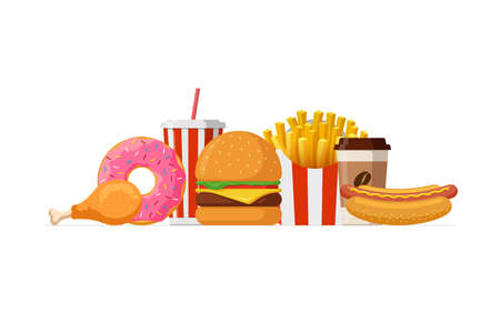 Fast food lunch meal set. Classic cheese burger, french fries pack, fried crispy chicken leg, glazed donut, soft drink, coffee cup and hot dog. Flat eps vector illustrationのイラスト素材