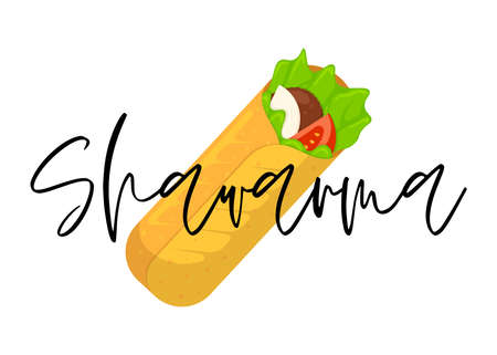 Shawarma fast food meat roll with lettering inscription. Arabic eastern toasty doner kebab meal. Cartoon shaurma or burrito flat vector illustrationのイラスト素材