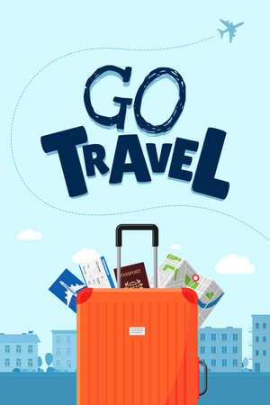 Go travel advertising vacation travelling design concept. Suitcase luggage with map flight ticket boarding pass and passport. Different touristic elements and airplane path vector illustration posterのイラスト素材
