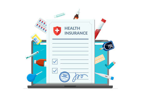 Health insurance policy with medical supplies medicine drugs pills tablets on laptop screen. Online healthcare service and pharmacy medications concept modern flat design concept vector illustrationのイラスト素材
