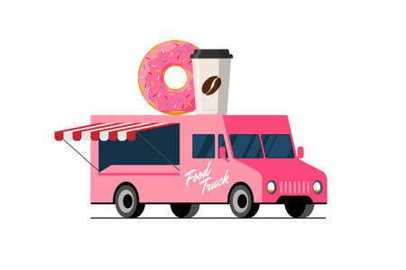 Fast food pink truck. Donut and coffee paper cup on van roof. Doughnut with hot beverage car delivery service or festival on street bakery wheels vector flat illustrationのイラスト素材