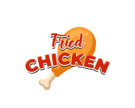 Fried chicken leg with lettering restaurant menu advertisung sign design template. Cartoon fast food business crispy drumstick emblem isolated vector eps illustrationのイラスト素材
