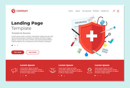Medical insurance or immune system concept landing page design template. Red shield on patient protection policy with medicine pharmacy drugs and preparations. Vector medical website eps illustrationのイラスト素材