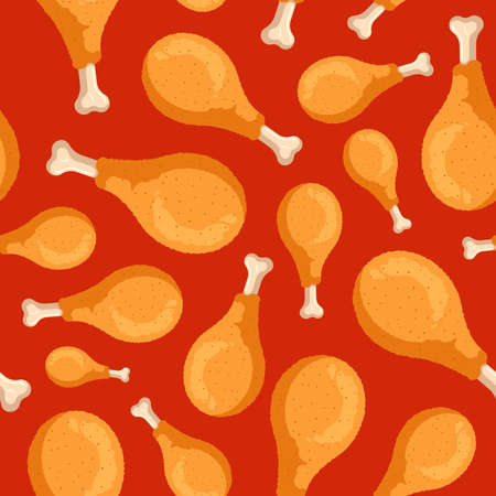 Fried crispy chicken legs seamless pattern on red background. Cartoon fast food drumsticks cooking texture flat vector eps illustrationのイラスト素材