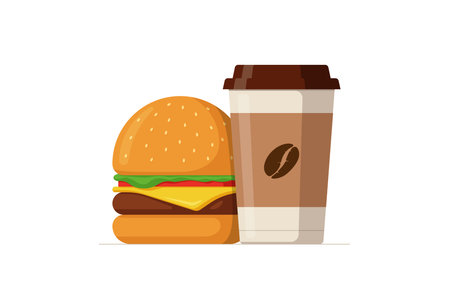 Cartoon colorful tasty burger and disposable paper coffee cup. Hamburger or cheeseburger with hot beverage. Fast food vector isolated flat illustrationのイラスト素材