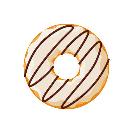 Cartoon colorful tasty donut isolated on white background. Strip glazed doughnut top view for cake cafe decoration or menu design. Vector flat illustrationのイラスト素材