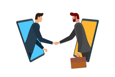 Two businessman make deal on distance and shaking hands on smartphone screens. Mobile online business agreement communication conference concept. Virtual handshake cooperation vector eps illustrationのイラスト素材