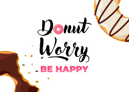 Cartoon colorful tasty bitten doughnut and inscription donut worry be happy vertical poster. Glazed bake top view with sprinkles for cake cafe decoration or menu design. Vector flat bannerのイラスト素材