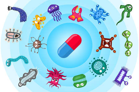 Medical prescription antibiotic pill and bacteria virus germ characters run away. Pharmaceutics medicinal effect and throw off illness concept. Antiviral antibacterial antimicrobial medicine treatmentのイラスト素材