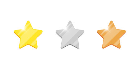 Gold silver bronze badge star reward icon set for computer video game or mobile apps animation. First second third place bonus achievement award. Winner trophy isolated flat sign vector illustrationのイラスト素材