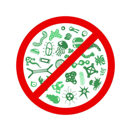 Stop spread virus sign. Cartoon germ characters isolated vector eps illustration on white background. Cute fly bacterium infection danger. Microbe viruses and diseases protection symbolのイラスト素材
