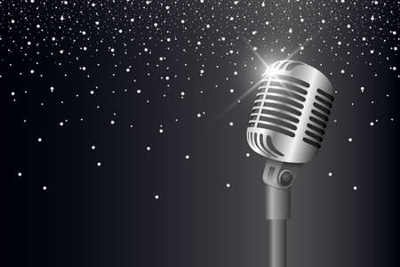 Retro vintage metal microphone on stand on black background with glare and lights. Mic with flare. Music, voice, record icon.のイラスト素材