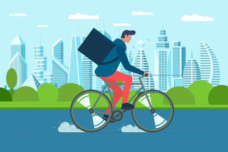 Young male courier with backpack box riding bicycle and carries goods and food package on modern city street. Fast cycling eco delivery order service. Vector illustrationのイラスト素材