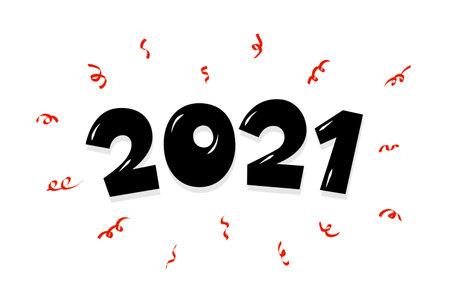 2021 cartoon hand drawn comic text lettering number with confetti. Happy New Year and Merry...