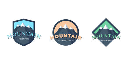 Mountain Adventure shield badge for extreme tourism and sport hiking. Outdoor nature rock camping square and circle label setのイラスト素材