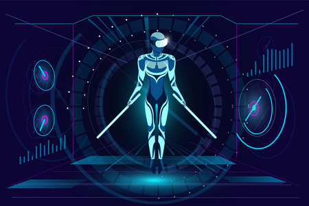 Virtual reality gaming in headset concept. Man with neon swords wearing VR glasses helmet and soar on HUD style abstract digital background. Futuristic technology vector illustrationのイラスト素材