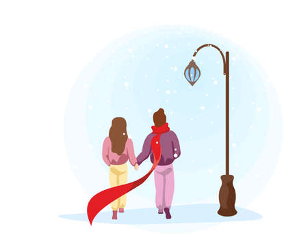 Couple in love girlfriend and boyfriend walk in park near streetlight. Male and female outdoors under winter snow. Human romantic relationship concept vector eps illustrationのイラスト素材