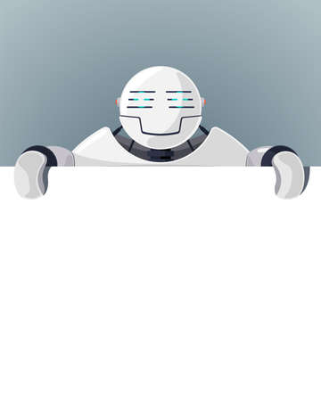Cartoon robot stand behind blank poster space for text. White cyborg character holding empty white board for presentation. Robotic information banner mockup interface flat design vector illustrationのイラスト素材