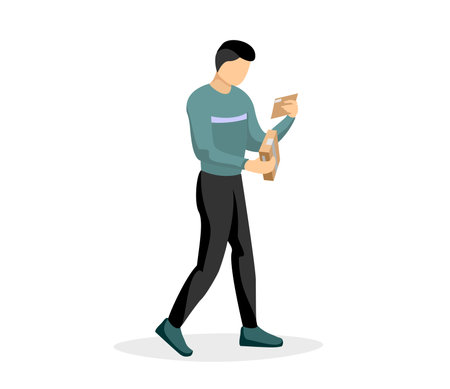 Young man received letter and parcel package box by post office goes and reads envelope. Delivery service picking up order vector isolated eps illustrationのイラスト素材