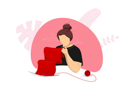 Woman knitted wool knitting needles. Female character knit up hobby and leisure timeのイラスト素材