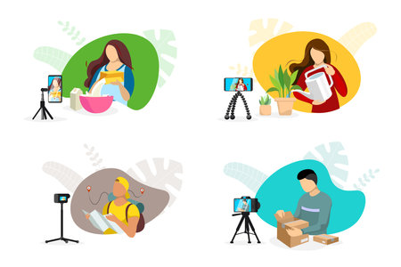 Bloggers making cooking and lifestyle houseplant care content on cameras with tripods. Unpacking and...