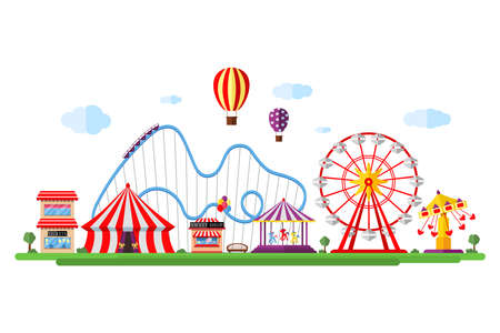 Amusement park with circus carousels roller coaster and attractions. Fun fair and carnival theme landscape. Ferris wheel and merry-go-round festival vector isolated illustrationのイラスト素材