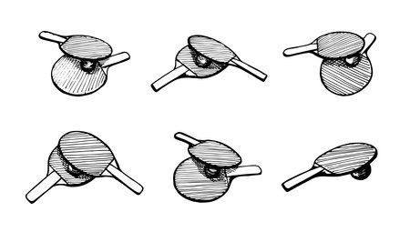 rackets and ball hand drawn outline sketch icon set. Table tennis equipment.  game paddles concept. Vector black ink doodle isolated illustration on white backgroundのイラスト素材