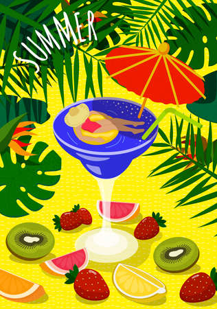 Summer bright colorful sunny poster. Beautiful woman sunbathes on inflatable circle in cocktail glass and umbrella. On sand background tropical foliage and fresh fruits. Summertime vector illustrationのイラスト素材