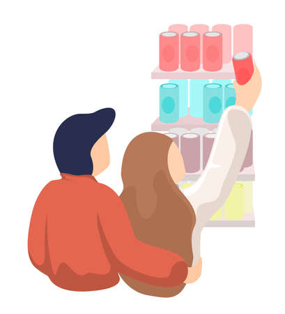Young couple guy hugs girl in supermarket. Woman chooses aluminum can of soft drink on store shelf. Relationships and shopping vector eps isolated illustrationのイラスト素材
