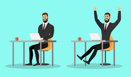 Surprised and happy businessman at laptop. Business man success well done work concept. Male manager got promotion and raised hands up. Office employee received victory good news. Vector epsのイラスト素材