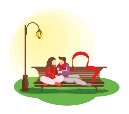 Couple in love sitting on park bench in street lamp light. Young loving girl hugs guy in long red scarf. Man and woman romantic relationship vector isolated illustrationのイラスト素材