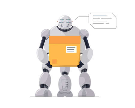 Robotic courier or loader holding cardboard parcel box future technology. Robot delivery service or warehouse work concept. Automated AI smart droid logistic vector flat isolated illustrationのイラスト素材