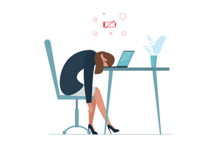 Businesswoman professional burnout syndrome. Exhausted sick tired female manager sit with head down on laptop. Sad boring woman. Frustrated worker mental health problems. Long work illustrationのイラスト素材