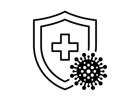 Immune system concept. Hygienic medical black linear shield protecting from coronavirus COVID-19 icon. Human immunity sign. Corona virus 2019-ncov defense symbol vector isolated illustrationのイラスト素材