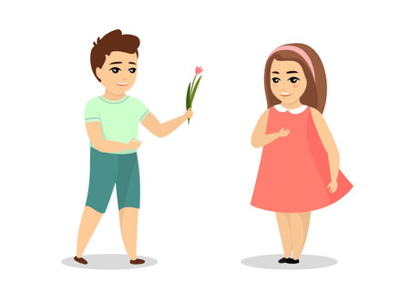 Romantic boy gives tulip to smiling girl. Little male love made surprise for happy cute young female. Flower gift for boyfriend and girlfriend relationship. Vector illustrationのイラスト素材