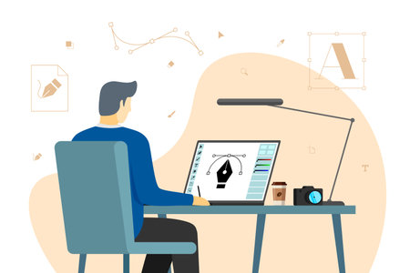 Man graphic designer sits working at computer in workplace. Male creative specialist freelancer or advertising agency studio employee develops design layout on monitor screen. Vector illustrationのイラスト素材