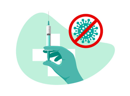 Doctor hand in green glove hold coronavirus infection vaccince syringe on first aid sign backdrop. COVID-19 disease vaccination shot. Medical 2019-ncov protection drug. Human immunization campaignのイラスト素材