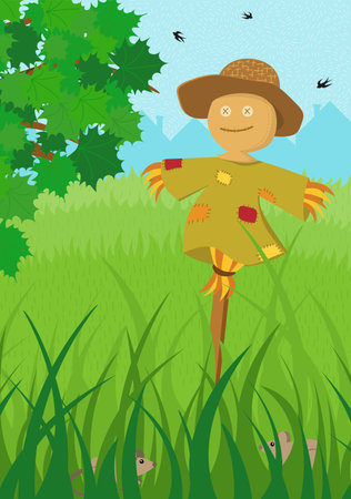 Scarecrow in green field summer poster. Farm on nature rural background with tree foliage and tall grass for harvesting. Countryside farmland tranquil summertime landscape. Vector illustrationのイラスト素材